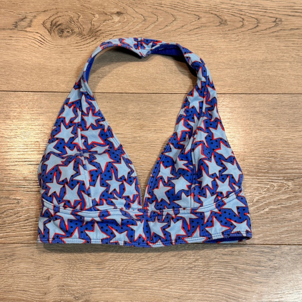 Out From Under Blue Star Print Halter‎ Crop Bra Top Womens Small S
